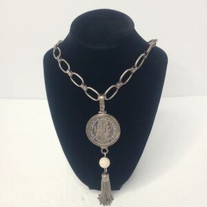 French Kande Silver Tone Necklace Louis XIV Coin Medallion & White‎ Bead Tassel